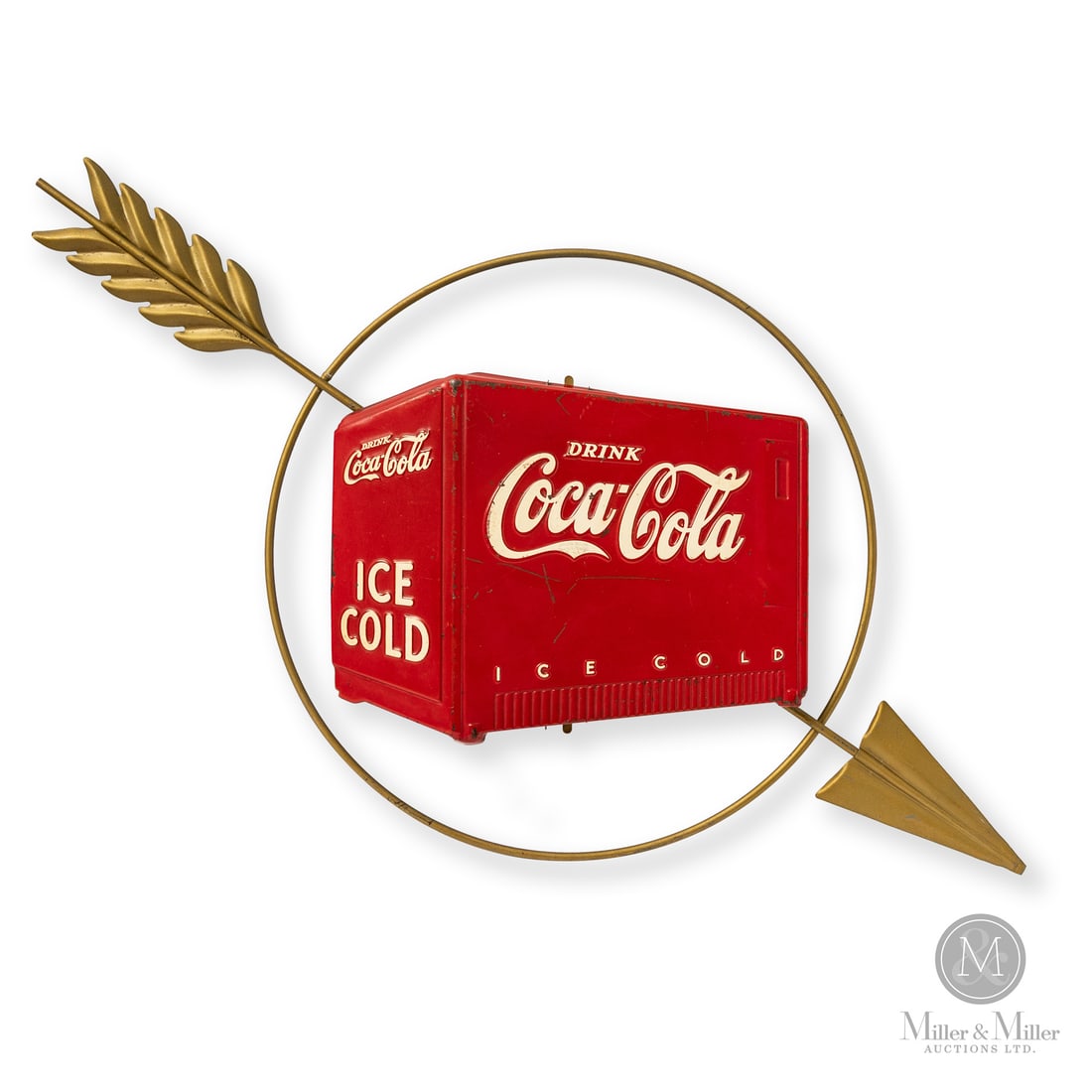 Coca-Cola Kay Display 3D Arrow Cooler Sign: Made in U.S.A. 1940s. Single-sided tin (SST). Embossed. Kay Displays designed and manufactured screen-printed plywood,wood-grain and metal advertising piece for mid-century American brands. Featuring