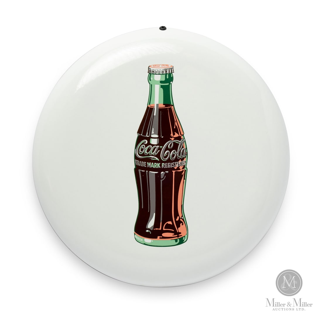 Coca-Cola 12" Button Sign: Made in U.S.A. 1950 - 1960. Single-sided porcelain (SSP). Curved. Seldom seen Canadian version of the 12" white button sign. While most of these signs were produced for the American market, this