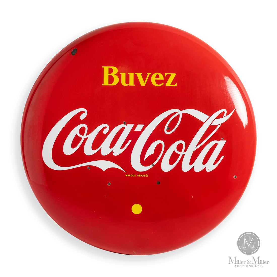 Coca-Cola Buvez 4' Button Sign: Made in Canada. 1954. Single-sided porcelain (SSP). Concave. Made for the French Canadian market. These signs were distributed to retail stores for outdoor placement on the storefront. They were most 