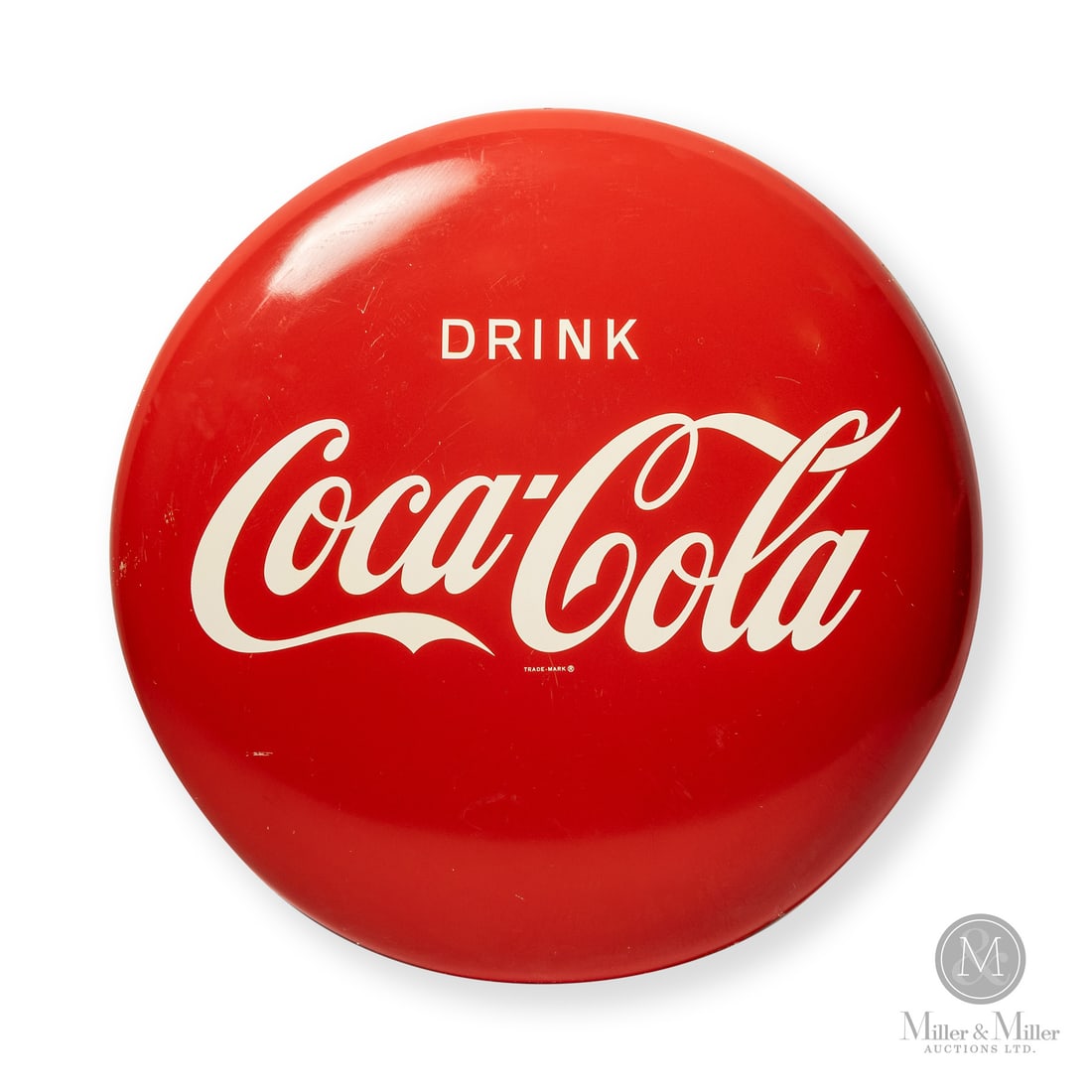 Coca-Cola 3' Button Sign: Made in U.S.A. 1957. Single-sided painted metal (SSPM). Concave. These "button" signs were produced as heavy-duty outdoor advertising markers for local merchants, gas stations, diners, and general