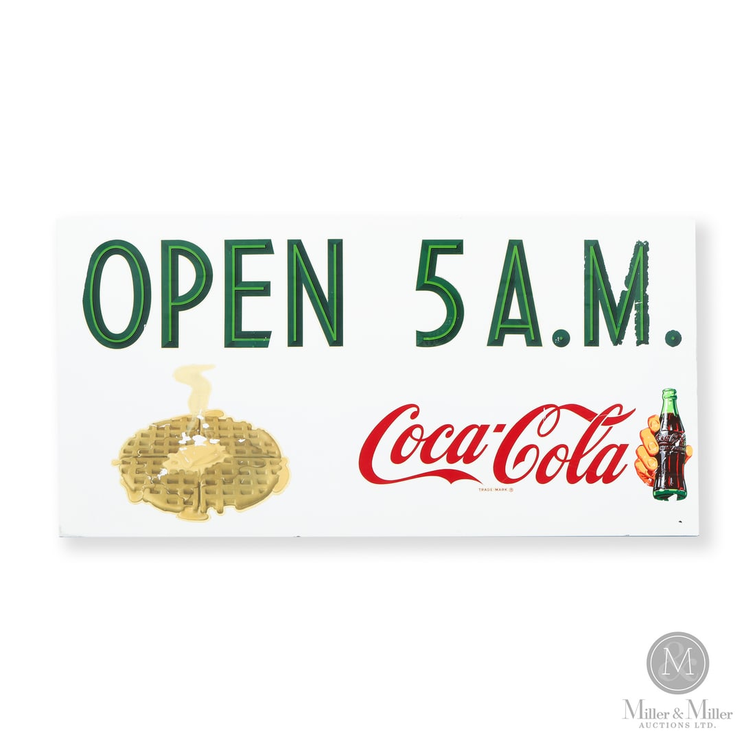 Coca-Cola Open 5 A.M. Storefront Sign: Made in U.S.A. 1950 - 1960. Single-sided porcelain (SSP). Storefront sign. Unmarked. 24" x 48" x 1". All items are guaranteed authentic by Miller & Miller Auctions. All purchases are eligible for