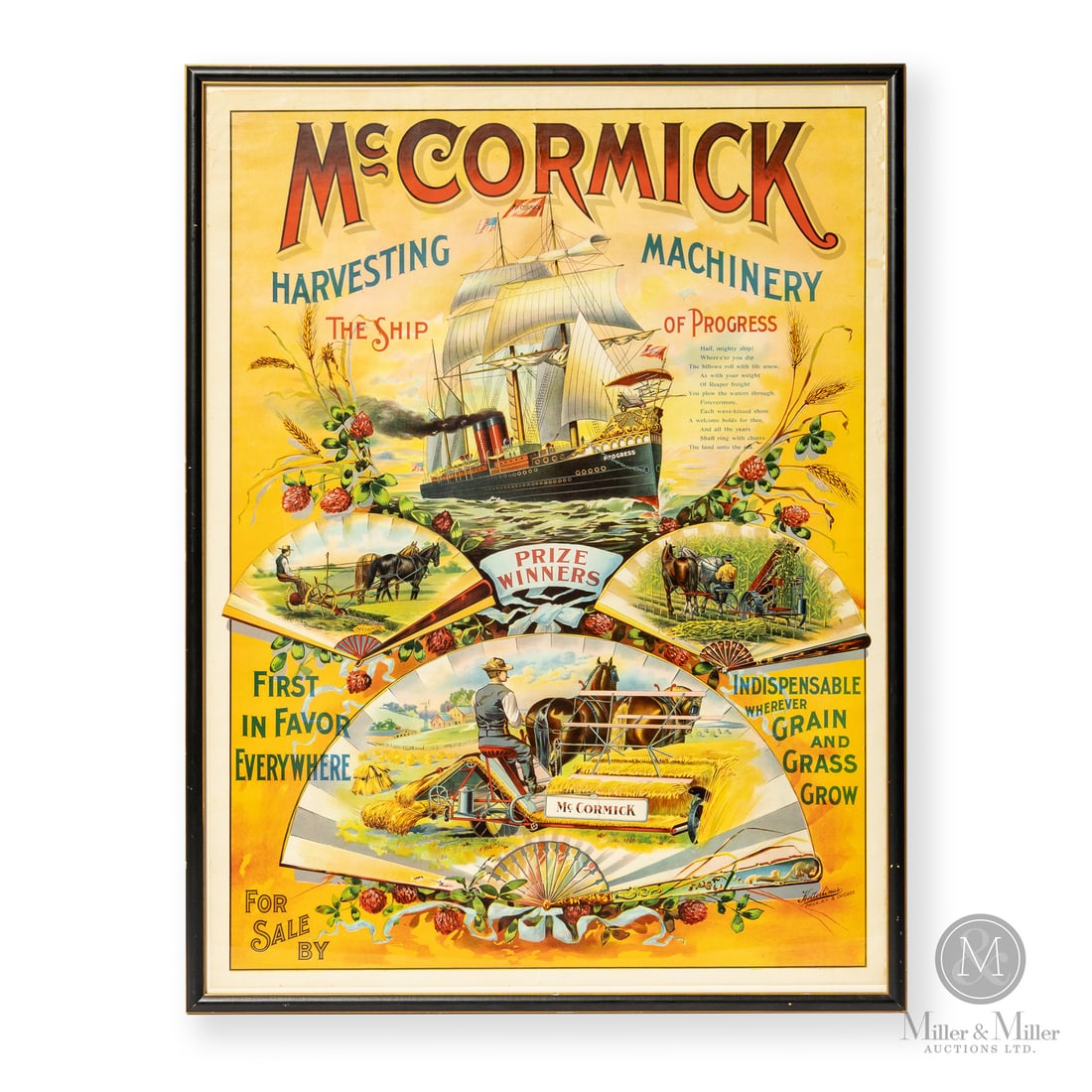 McCormick Harvesting Machinery Advertising Poster: Made in U.S.A. Pre 1902. Paper chromolithograph. The poster frames agricultural mechanization as the driving engine behind national advancement. The central vignette features a steamship cutting