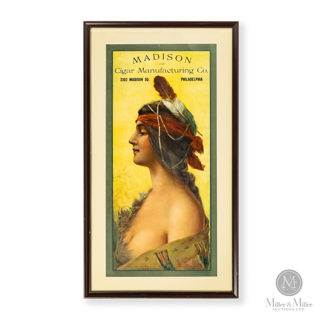 Madison Cigar Manufacturing Company Advertising Poster: Made in U.S.A. 1906 - 1910. Lithographed paper. Headquarters were located at 2302 Madison Sq. Philadelphia. The company operated throughout the early 1900's before closing its doors around 1918.