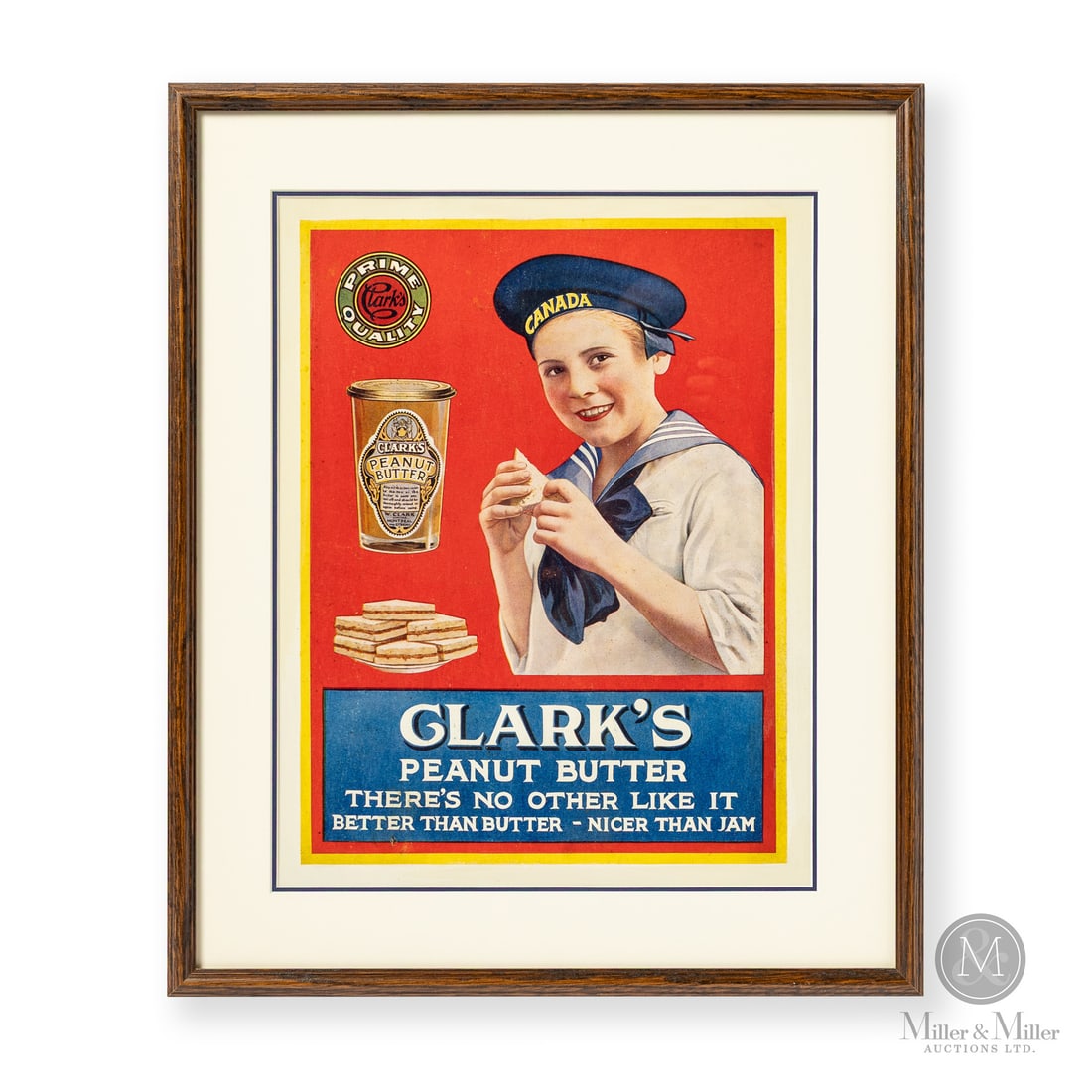 Clark's Peanut Butter Advertising Poster: Made in Canada. 1920 - 1930. Single-sided cardboard (SSC). Featuring the sealed product along with an image of the product in use through a boy eating a peanut butter sandwich. Clark's Peanut Butter