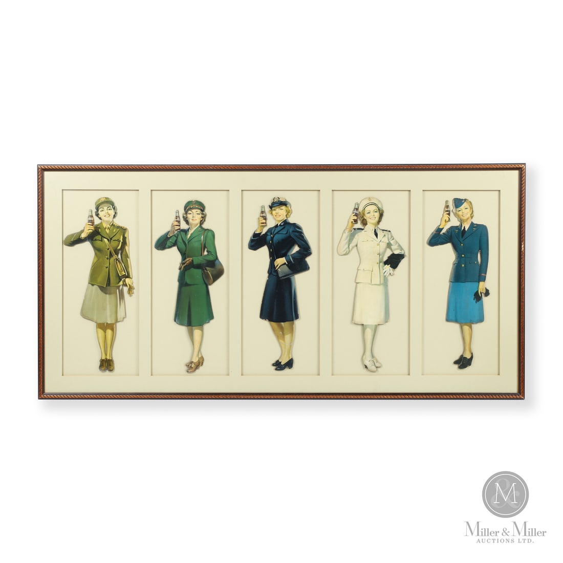 Coca-Cola Women in Uniform Military Sign Set: Made in U.S.A. 1942 - 1945. Single-sided cardboard (SSC). Produced during World War II, this point-of-sale advertising campaign was designed as a patriotic tribute to the American women serving in mil