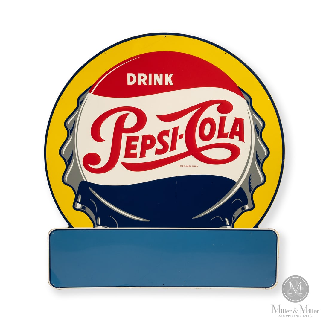 Pepsi-Cola Privilege Panel Sign: Made in Canada. 1951 - 1962. Single-sided tin (SST). Die-cut. A scarce sign containing a privilege panel for customized store names / directional instructions. Marked' "PM25 578/B" lower left quarter.
