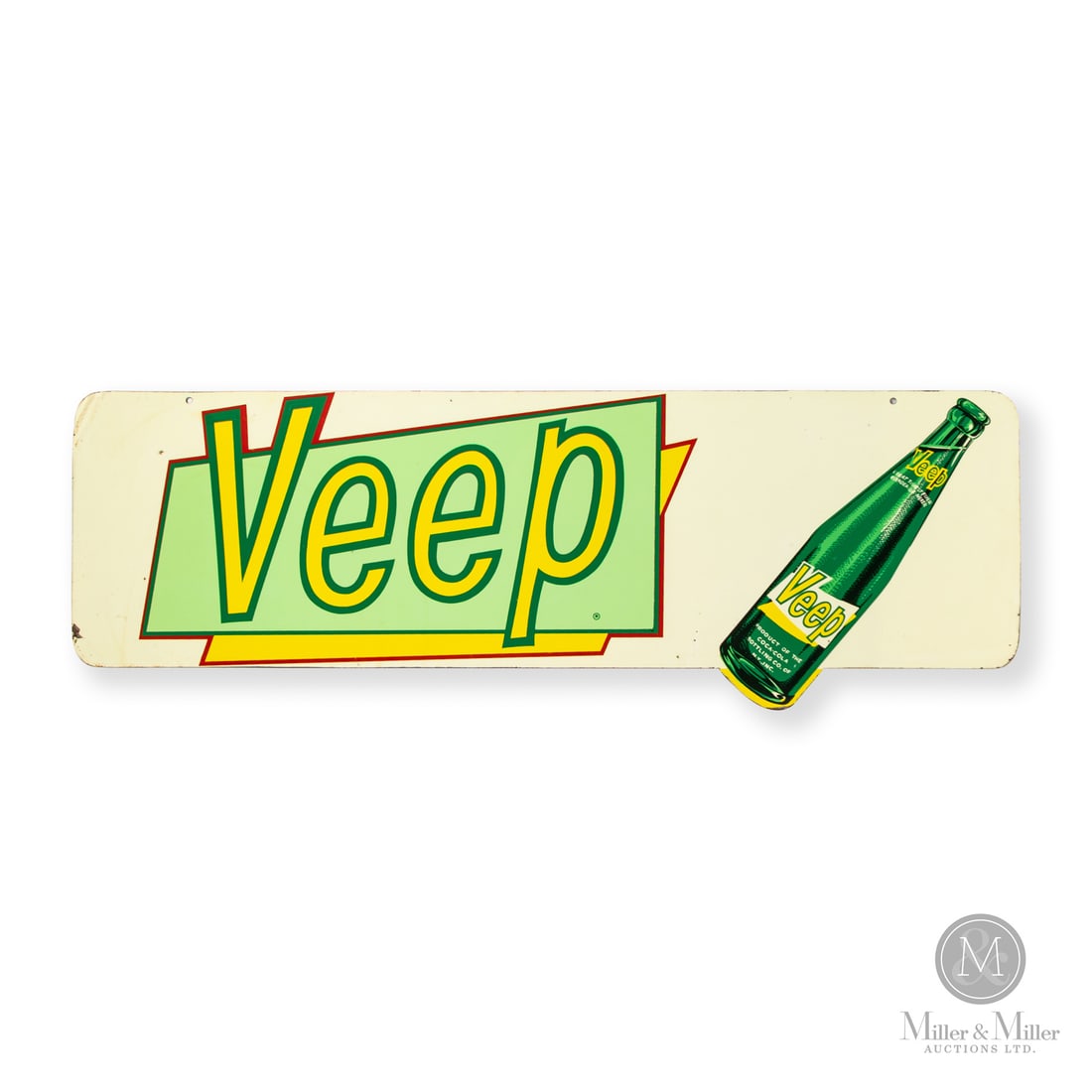 Coca-Cola Veep Soda Sign: Made in U.S.A. 1957 - 1964. Single-sided tin (SST). Die-cut. Product of the Coca-Cola Bottling Co of N.Y. Inc. A small. Launched in 1957 to compete with Seven-up, Veep was a short lived brand.