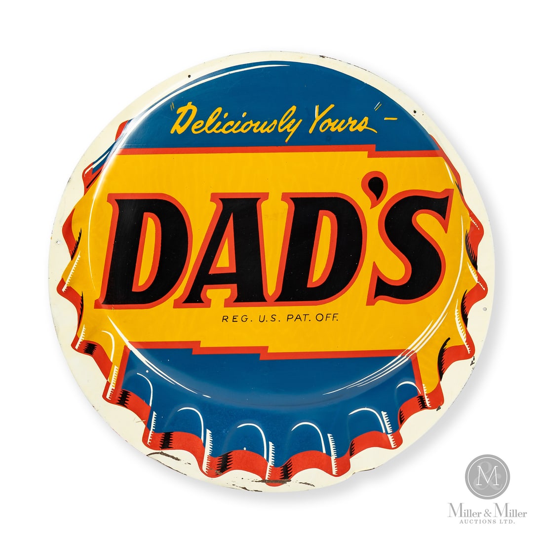 Dad's Root Beer Bottle Cap Sign: Made in U.S.A. 1950 - 1960. Single-sided tin (SST). Embossed. Dad's utilized their bottle cap logo for advertising campaigns throughout the 1950's and into the 1960's. Earlier advertisements with grap
