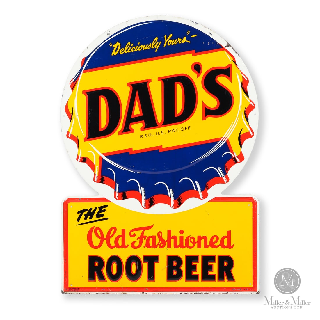 Dad's The Old Fashioned Root Beer Sign: Made in U.S.A. 1947. Single-sided tin (SST). Embossed. Scarce die cut version from this era of Dad's advertising. Marked, "SIGN PICTORIAL SCREEN PROCESS LOCAL NO. 774" lower left edge and "PM-7" lower