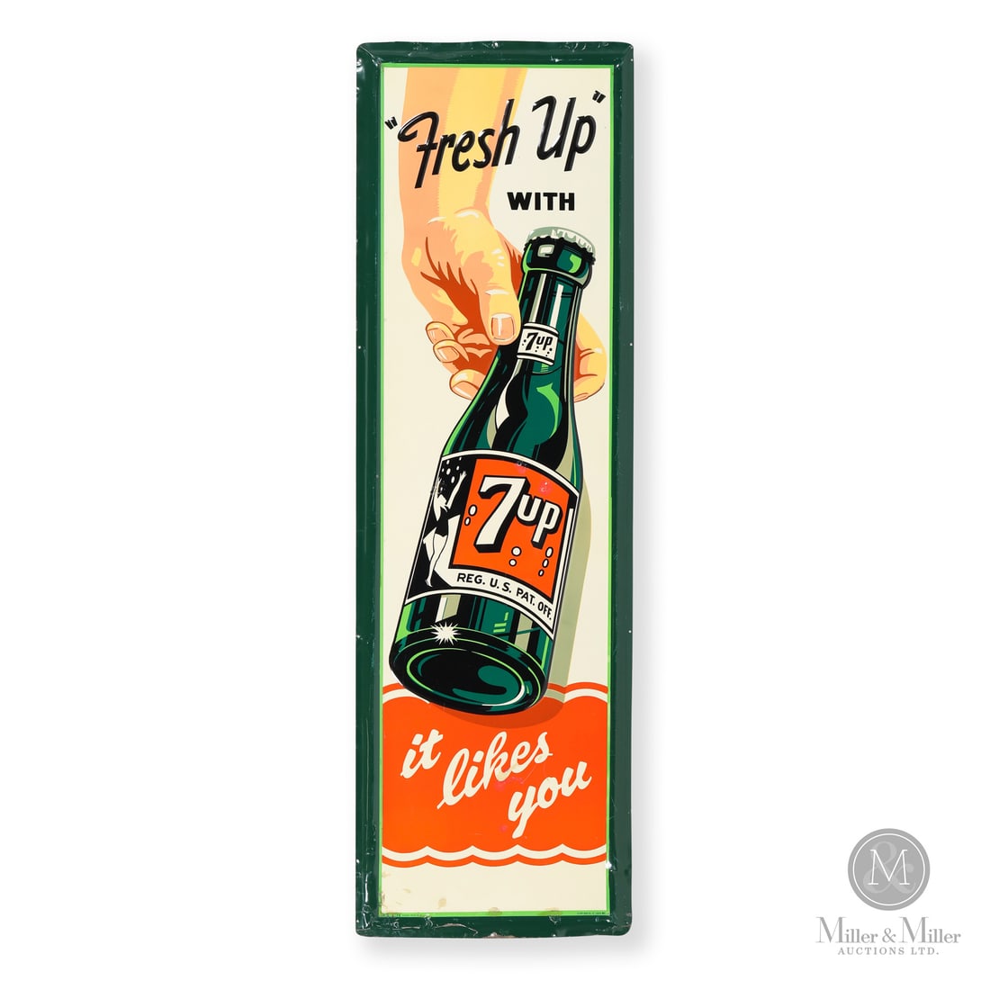 Seven-up Bottle in Hand Vertical Sign: Made in U.S.A. 1949. Single-sided tin (SST). Embossed. Self framed. Featuring the "swimsuit girl" or "bubble girl" bottle graphic in hand. Marked, "16-v-1949 MADE IN U.S.A." lower left edge and "STOUT