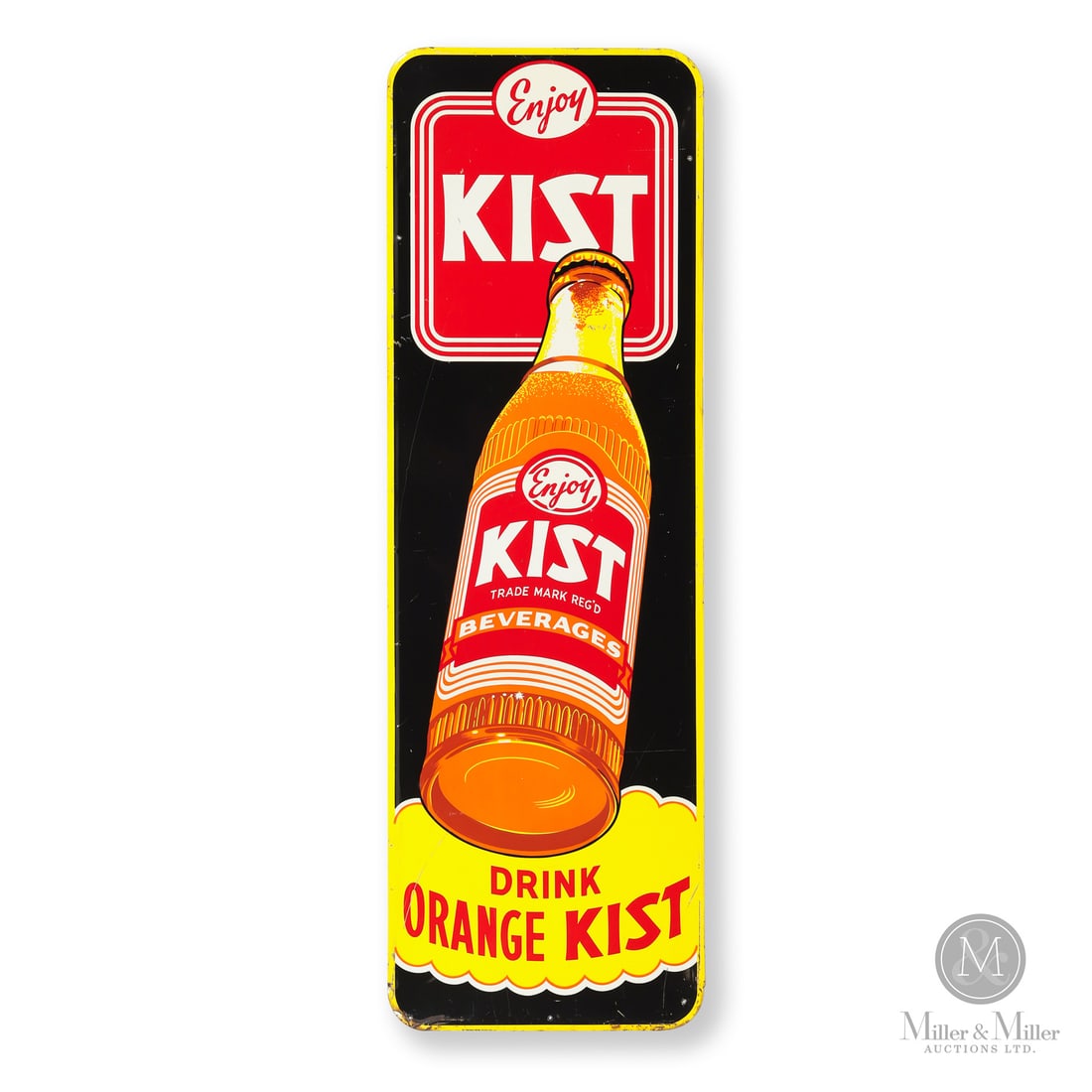 Orange Kist Tilted Bottle Vertical Sign: Made in Canada. 1951. Single-sided tin (SST). Embossed. Self framed. Kist was a popular line of flavored soft drinks introduced in 1922 by the Citrus Products Company of Chicago, Illinois. Marked, "ST