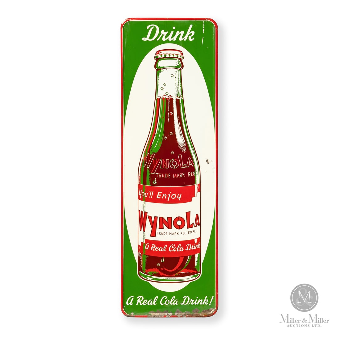 Wynola Cola Bottle Vertical Sign: Made in Canada. 1950 - 1960. Single-sided tin (SST). Embossed. Based at 1100 Queen Street West in Toronto, Ontario. Launched in the 1930's, Wynola was marketed as "A Real Cola Drink". The brand saw st