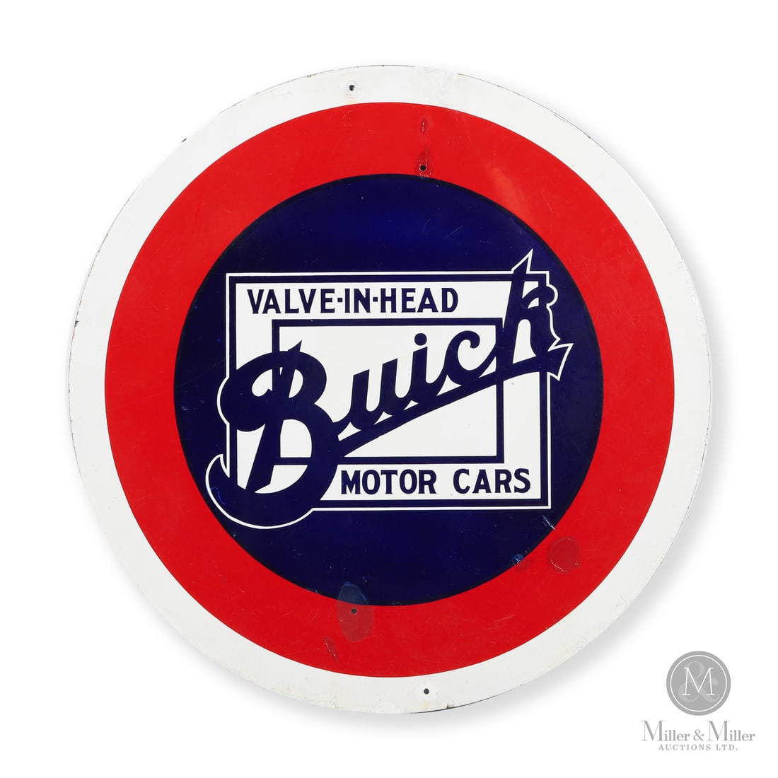 Buick Motor Cars 36" Sign: Made in U.S.A. 1915 - 1936. Single-sided porcelain (SSP). Scarce 3 foot Buick sign. This sign would have originally been housed in a metal bracket for hanging. Unmarked. 36" dia. Authenticated by The 