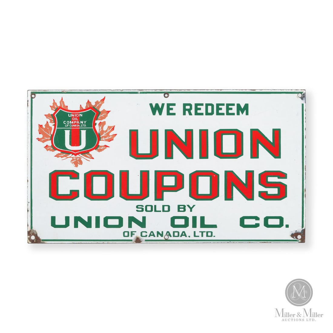 Union Oil Company Coupons Sign: Made in Canada. 1921-1932. Single-sided porcelain (SSP). The Union Oil Company of Canada, Ltd. was the Canadian subsidiary of Union Oil of California. Incorporated in 1921, the company is known for be