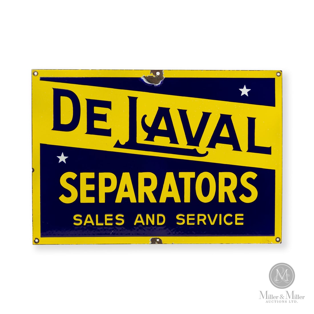 De Laval Separators Sales and Service Sign: Made in Canada. 1930 - 1940. Single-sided porcelain (SSP). DeLaval is a leader in the manufacture of dairy and farming machinery, having a rich history in Canada dating back to 1912, when it establish