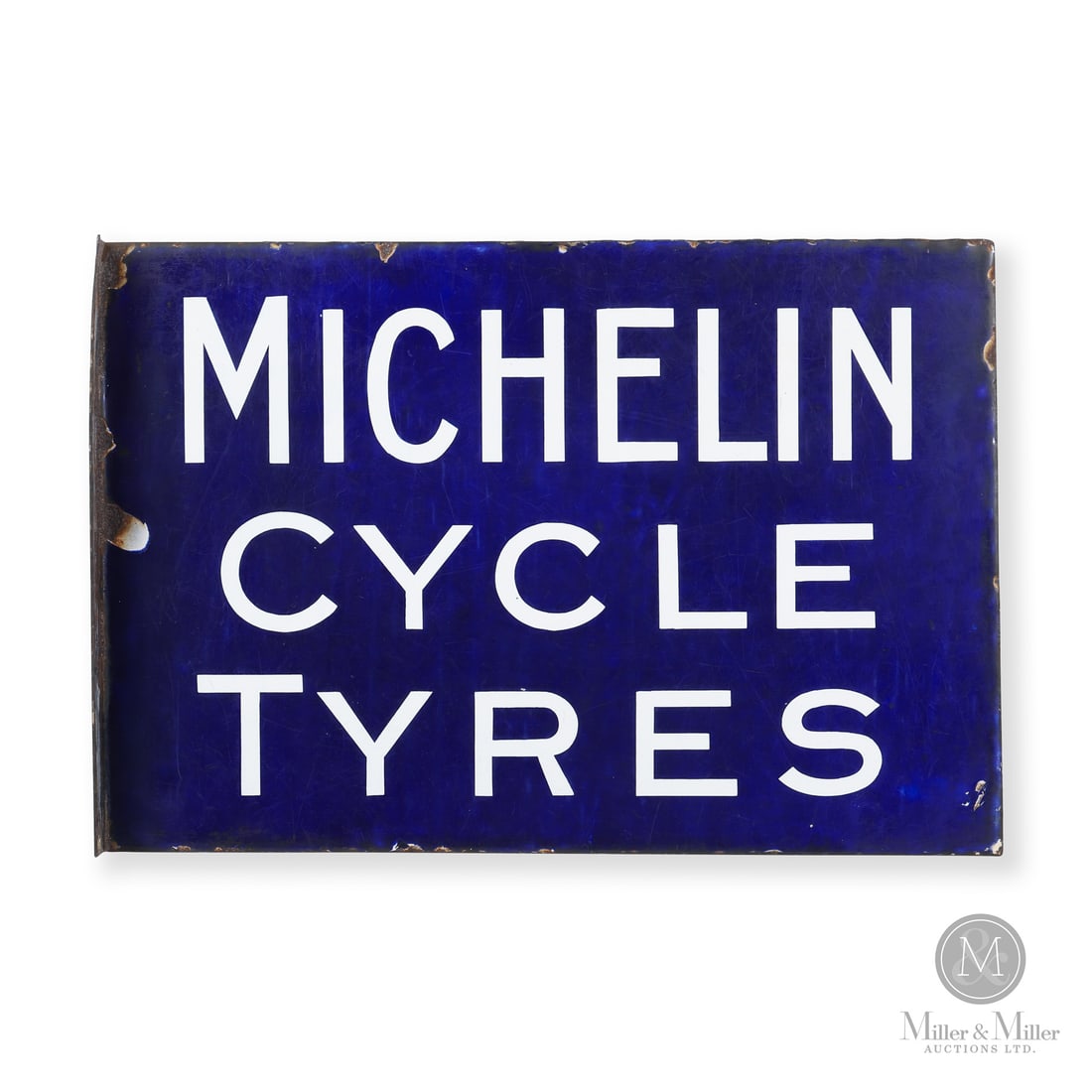 Michelin Cycle Tyres Flange Sign: Made in United Kingdom. 1910 - 1914. Double-sided porcelain (DSP). Featuring the Michelin script introduced in 1910, this glange was produced until WWI halted production of these heavy gauge signs. Un