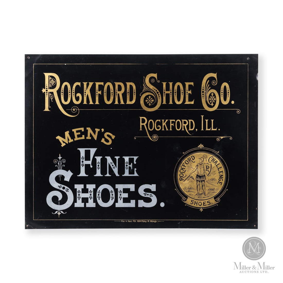 Rockford Shoe Co. Sign: Made in U.S.A. 1891 - 1901. Single-sided tin (SST). The Rockford Shoe Co. was a historic American footwear manufacturer based in Rockford, Illinois. Active primarily from the 1880s to the early 1900s,