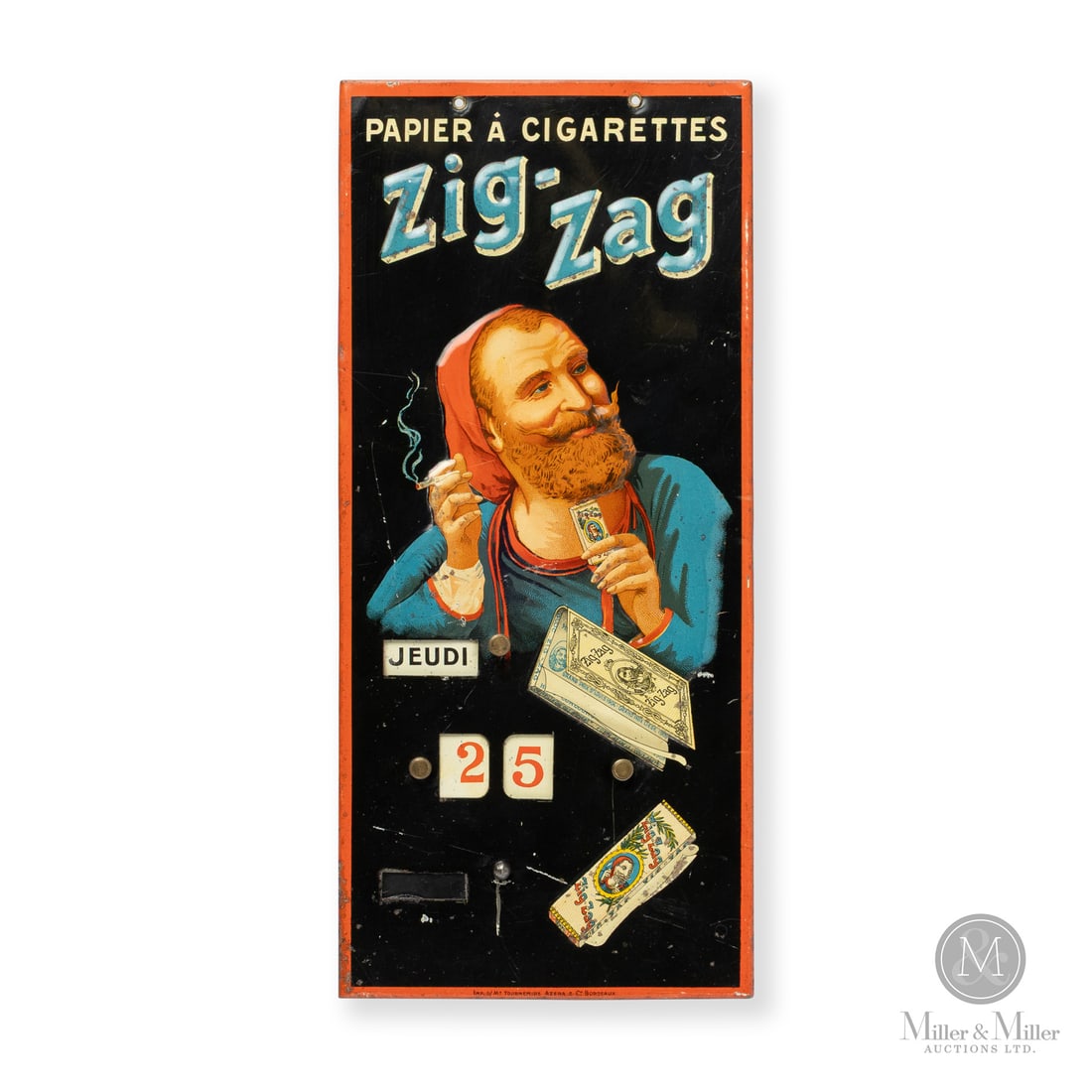 Zig-Zag Cigarette Papers Calendar Sign: Made in France. 1920 - 1930. Single-sided tin (SST). Embossed. Perpetual calendar. Founded in 1879 in France, Zig-Zag revolutionized rolling paper packaging with its interleaved booklet design. The co