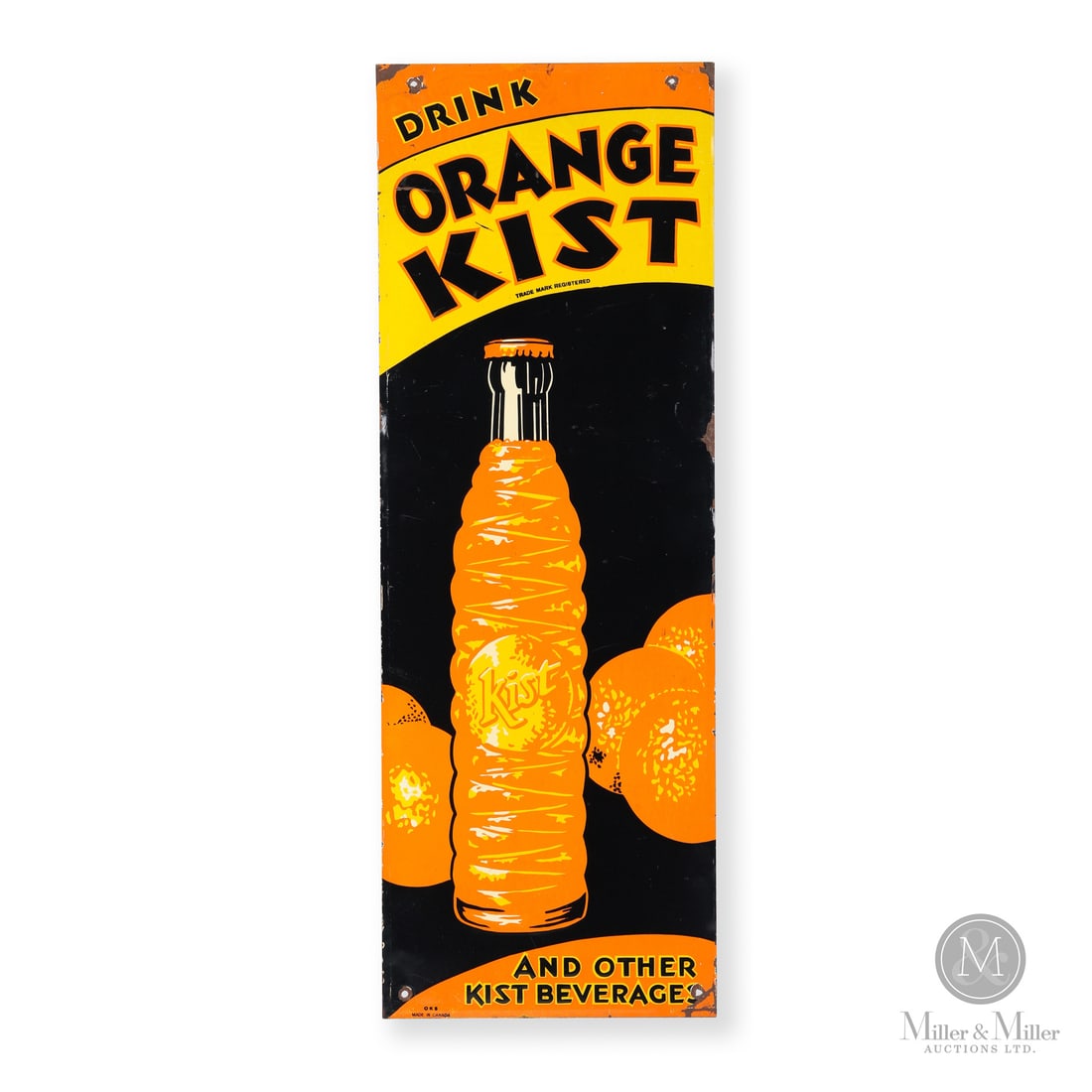 Orange Kist Bottle Sign: Made in Canada. 1932 - 1940. Single-sided tin (SST). Features the textured "ribbed" bottle introduced by Kist in 1932. The federal metal demand caused by the continuation of WWI into the 1940's led to