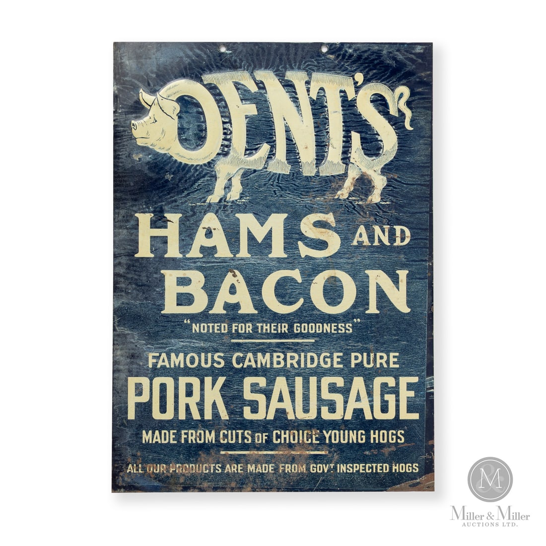 Dent's Hams and Bacon Butcher Sign: Made in Canada. 1930s. Single-sided tin (SST). Embossed. Dent's was a prominent Canadian meat packing firm based out of Winnipeg, Manitoba. Unmarked. 13.75" x 9.75". Authenticated by The Authenticatio