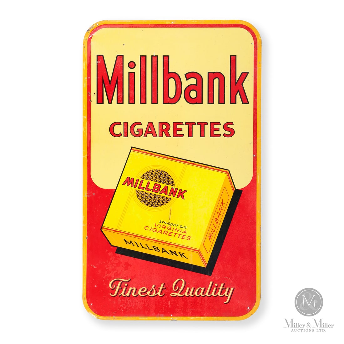 Millbank Cigarettes Finest Quality Sign: Made in Canada. 1948. Single-sided tin (SST). One of the last runs of advertising Milbank produced with their "slider box" product shown. The company changed its packaging in the early 1950's and disc
