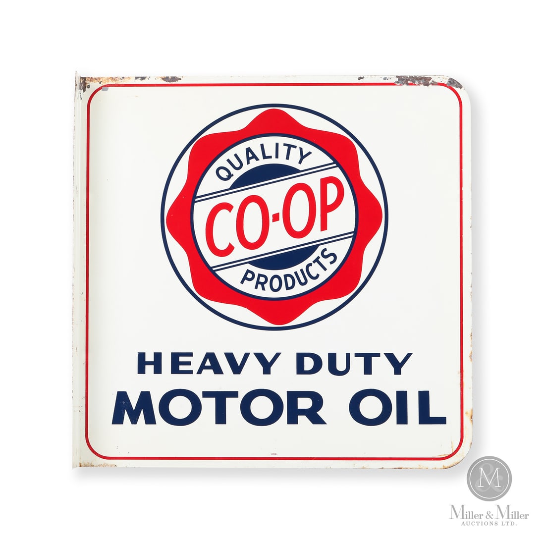 CO-OP Heavy Duty Motor Oil Flange Sign: Made in Canada. 1950s. Double-sided tin (DST). Canadian double-sided tin (DST) flange sign for CO-OP Heavy Duty / Premium Motor Oil. Marked “CCC” lower edge Marked, "CCC" lower edge. 18" x 18"