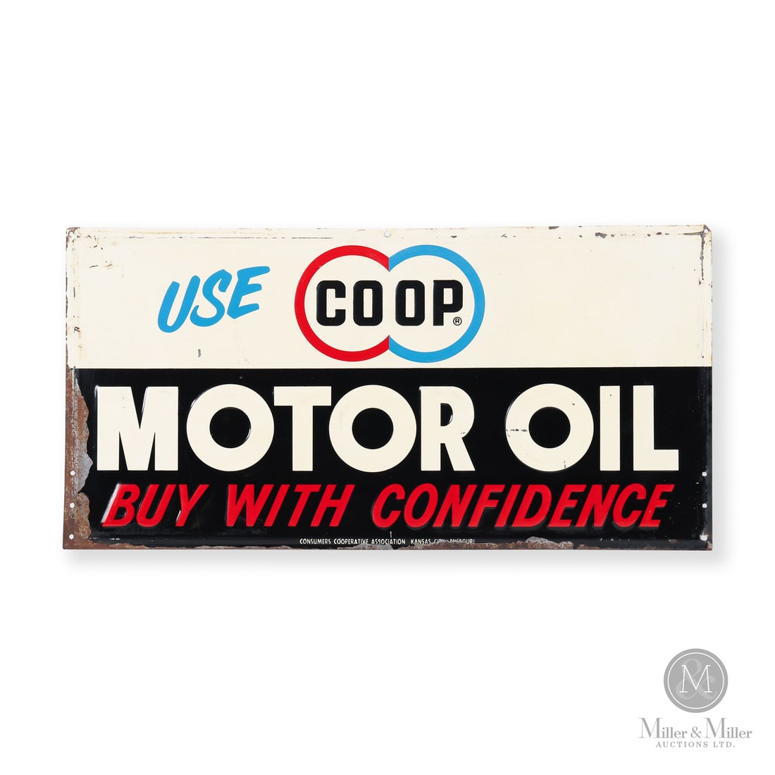 CO-OP Motor Oil Sign: Made in U.S.A. 1960s. Single-sided tin (SST). Produced for the Consumers Cooperative Association (later Farmland Industries). Marked, "CONSUMERS COOPERATIVE ASSOCIATION KANSAS CITY MISSOURI" lower cen