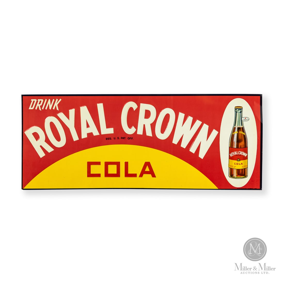 Drink Royal Crown Cola Sign: Made in U.S.A. 1945 - 1957. Single-sided tin (SST). Embossed. Royal Crown Cola (RC Cola) was founded in 1905 in Columbus, Georgia, by pharmacist Claud A. Hatcher. Originally named Chero-Cola, it was c