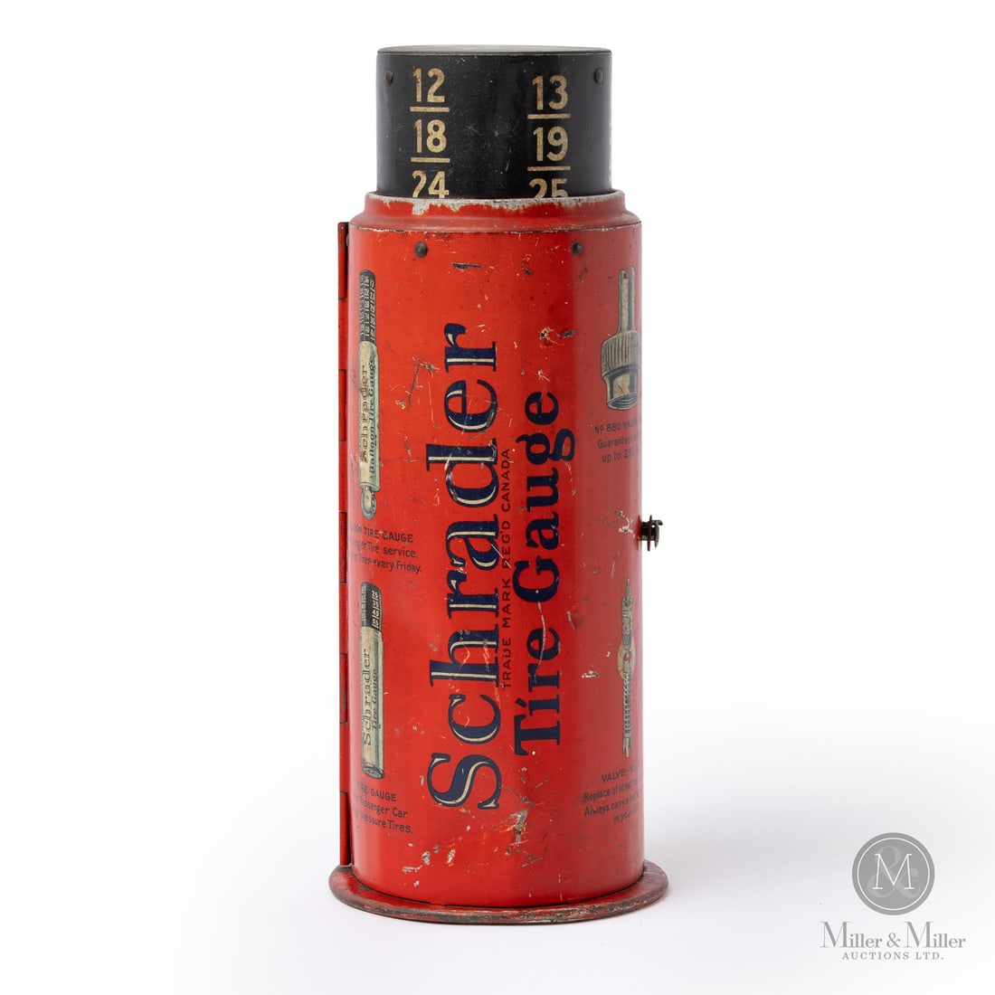 Schrader Tire Gauge Countertop Display.: Made in U.S.A. 1925 - 1935. Lithographed Tin. The company was founded by German immigrant August Schrader in New York during 1844, the company originally made diving equipment and rubber products. In 