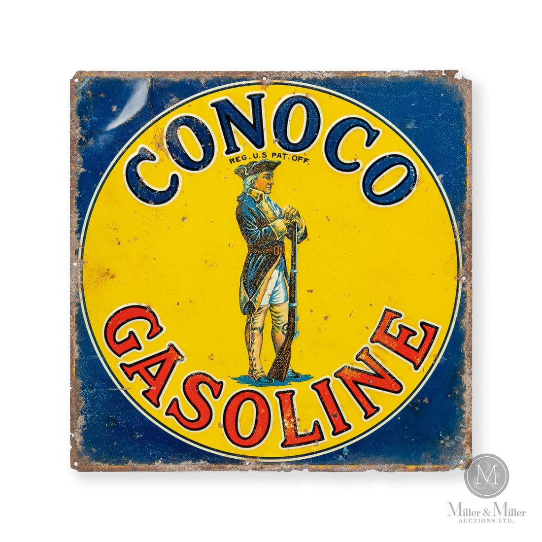 Conoco Gasoline Minute Man Pump Sign: Made in U.S.A. 1920 - 1930. Single-sided tin (SST). Embossed. Featuring the famous Conoco "Minute Man" image. Unmarked. 13.5" x 13.5". Authenticated by The Authentication Company (TAC #501708). All it