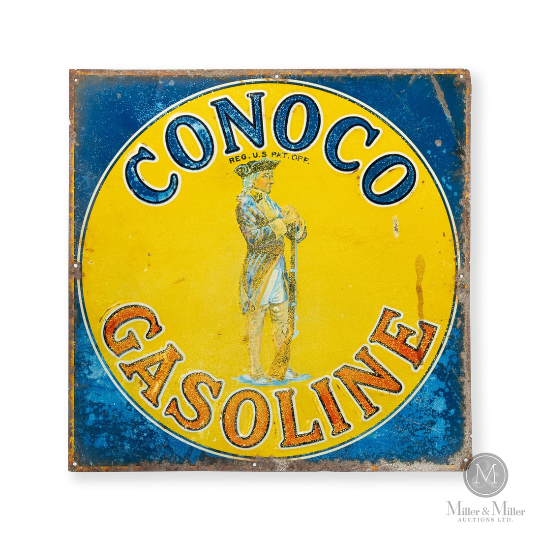 Conoco Gasoline Minute Man Pump Sign: Made in U.S.A. 1920 - 1930. Single-sided tin (SST). Embossed. Featuring the famous Conoco "Minute Man" image. Unmarked. 13.5" x 13.5". Authenticated by The Authentication Company (TAC #501709). All it