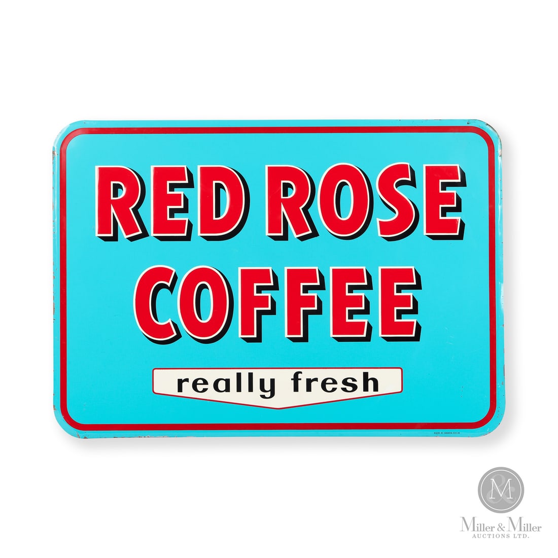 Red Rose Coffee Really Fresh Sign: Made in Canada. 1956. Single-sided tin (SST). Embossed. Features shadowed block script on a blue background which was produced from the late 1940's through the mid 1950's. Dating to 1956, this style o