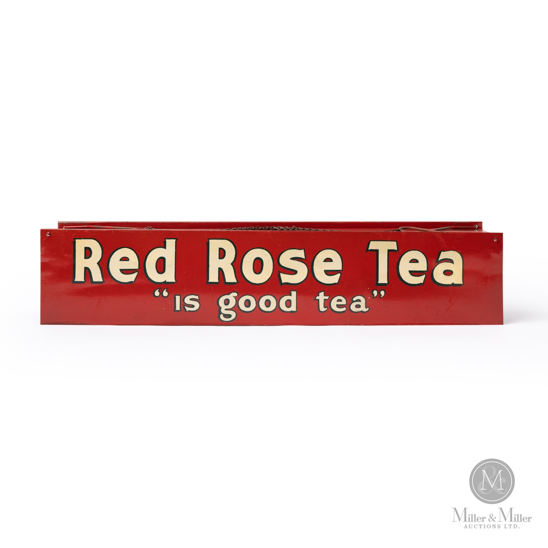 Red Rose Tea Is Good Tea Store Display Sign: Made in Canada. 1950s. Double-sided tin (DST). Red Rose Tea is a beloved tea brand with roots dating back to 1894 in Saint John, New Brunswick, Canada. This display stand was designed to showcase an a