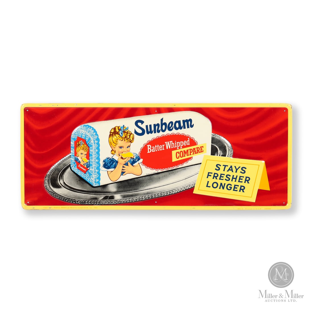 Sunbeam Stays Fresh Longer Door Kick Sign: Made in U.S.A. 1961. Single-sided tin (SST). Embossed. Featuring the "Stays Fresh Longer" slogan with the Little Miss Sunbeam mascot. Marked, "Copyright, Quality Bakers of America Cooperative, Inc 195