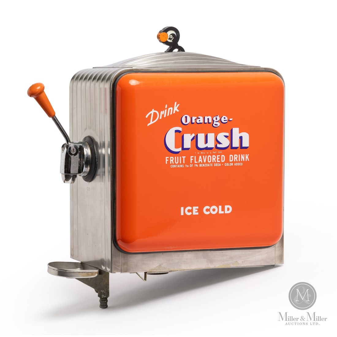 Orange Crush Countertop Soda Dispenser: Made in U.S.A. 1940 - 1950. With rare 'crushy' handle. Stainless steel mechanism with porcelain side panels. The 1930s saw the introduction of the iconic "Crushy" character, an animated orange that be