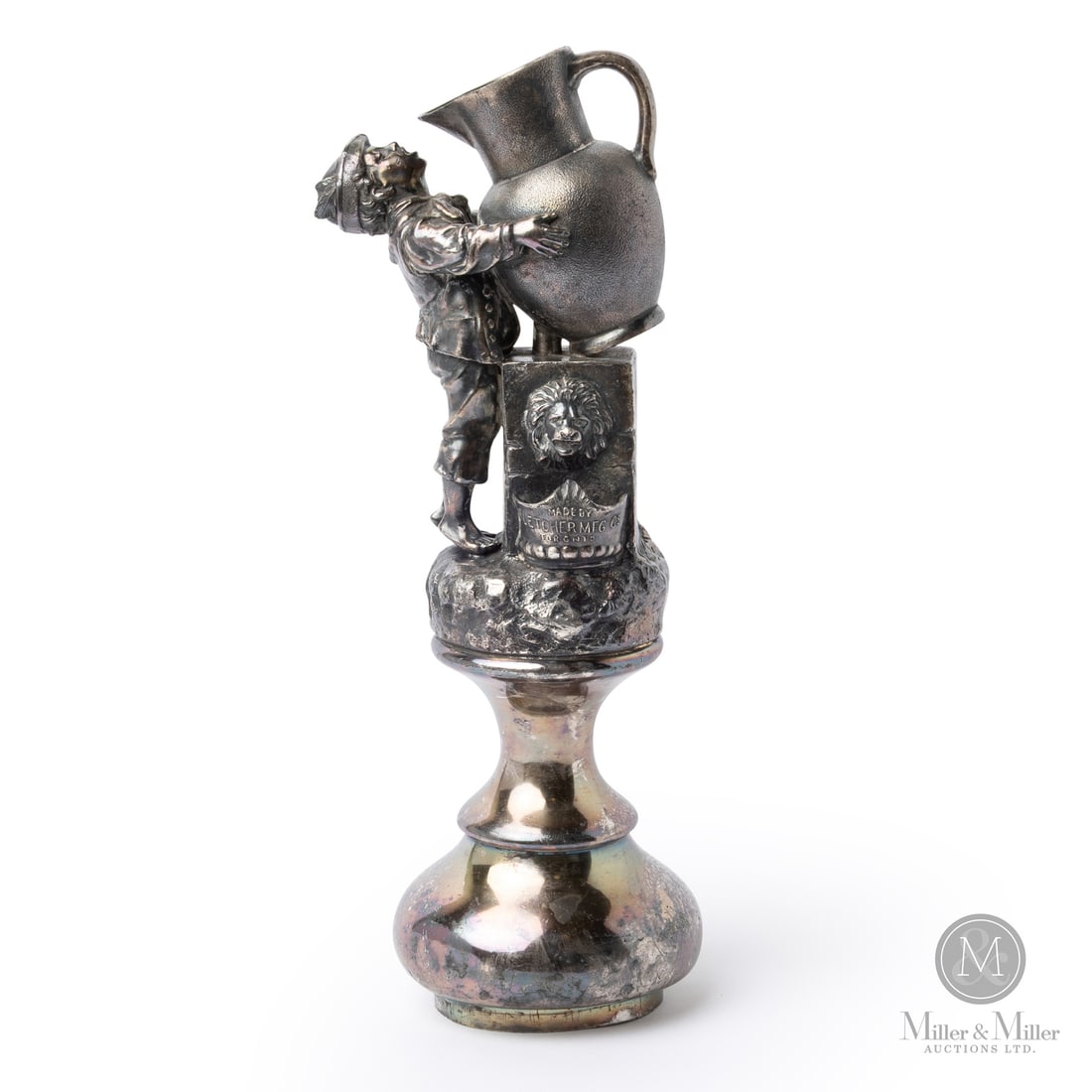Fletcher Mfg Co. Figural Soda Fountain Topper: Made in Canada. 1890 - 1910. Silver-plated copper. Fletcher Mfg Co. known for producing soda fountain equipment, barware accessories, confectionery machinery, and metal goods. This rare soda fountain 
