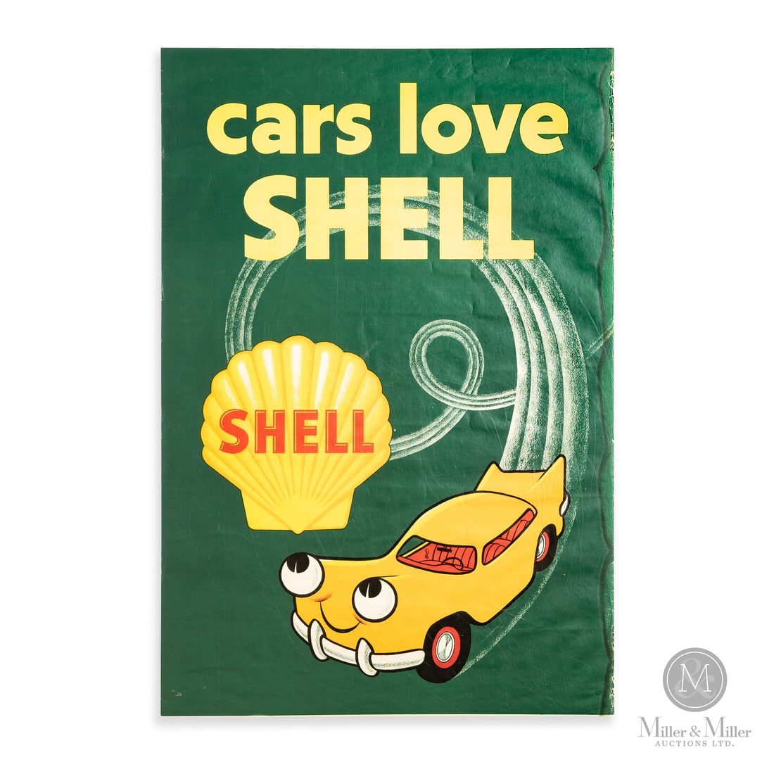 Shell Service Station Advertising Poster: Made in Canada. 1960-1961. Paper. This specific "Cars Love Shell" design was the cornerstone of Shell's 1960 outdoor advertising campaign. The high contrast green background was a hallmark of the seri