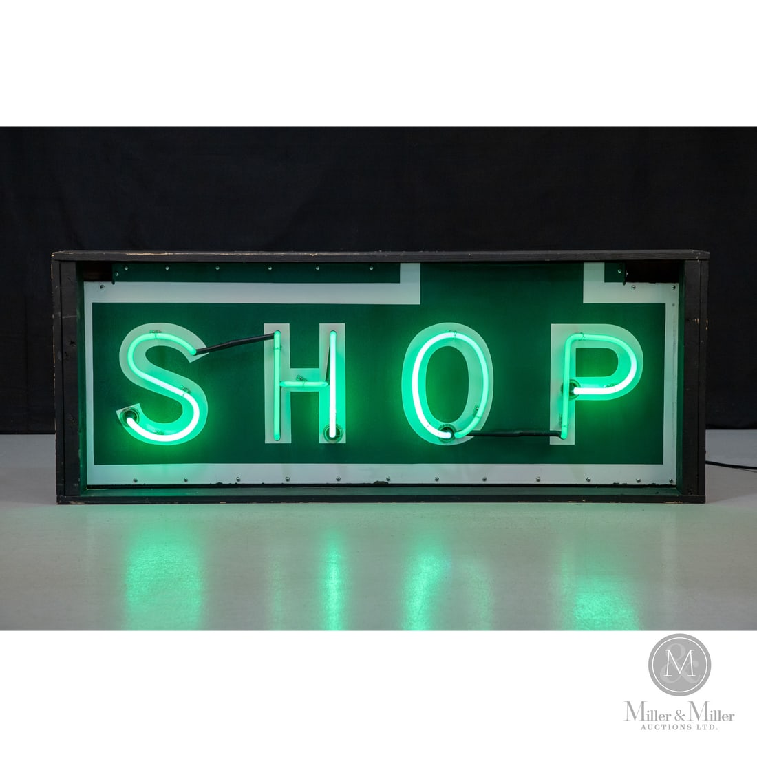 SHOP Neon Sign: Made in the Netherlands. 1965 - 1980. Single-sided porcelain (SSP). Die-Cut. Interneon Co. was the international commercial branch of the Dutch signage firm Interneon Lichtreclame B.V., established in