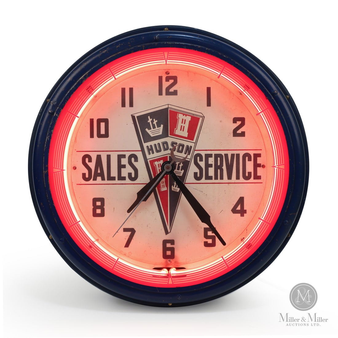 Hudson Sales & Service Neon Clock: Made in U.S.A. 1940s. Single-sided tin (SST). Painted case. The Hudson Motor Car Company, founded in 1909, was an American automaker in Detroit, Michigan. In Canada, vehicles made by the Hudson Motor 