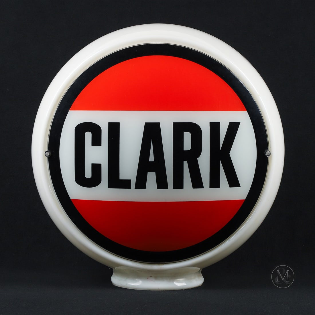 Wide Body Clark Gasoline Pump Globe: Made in U.S.A. 1950 - 1960. Two reverse baked glass lenses. Milk glass body. Wide-body Clark gasoline pump globe featuring two reverse-baked glass lenses. Clark Oil was founded in 1932 by Emory T. Cla