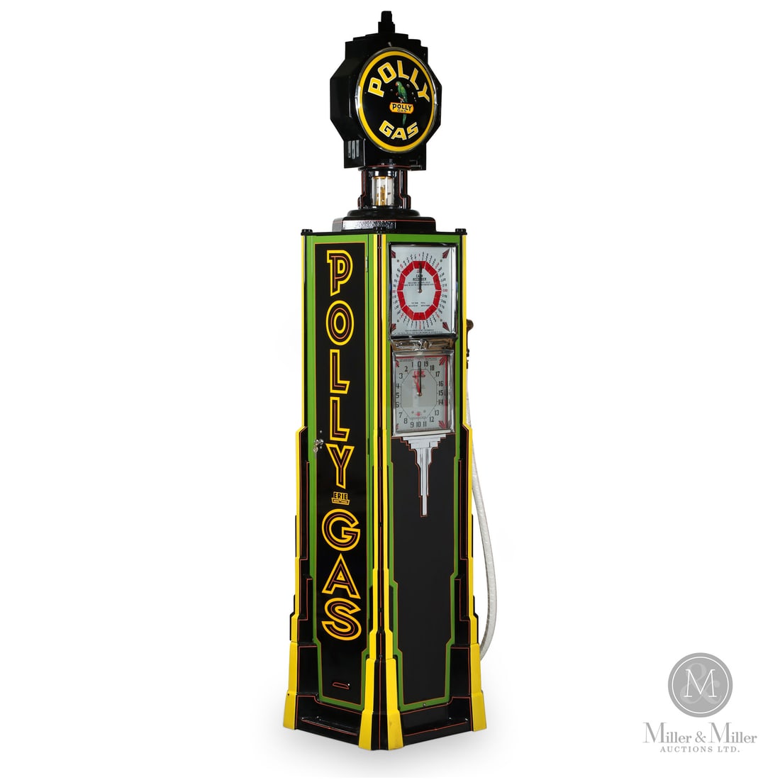 Erie Cash Recorder Gas Pump in Polly Gas: Made in U.S.A. C. 1934-1935. Model 53. Converted to a double-sided pump. Globe was specifically designed for cash recorder pump, not many examples even of reproductions. Tagged on lower base. 94.75" x