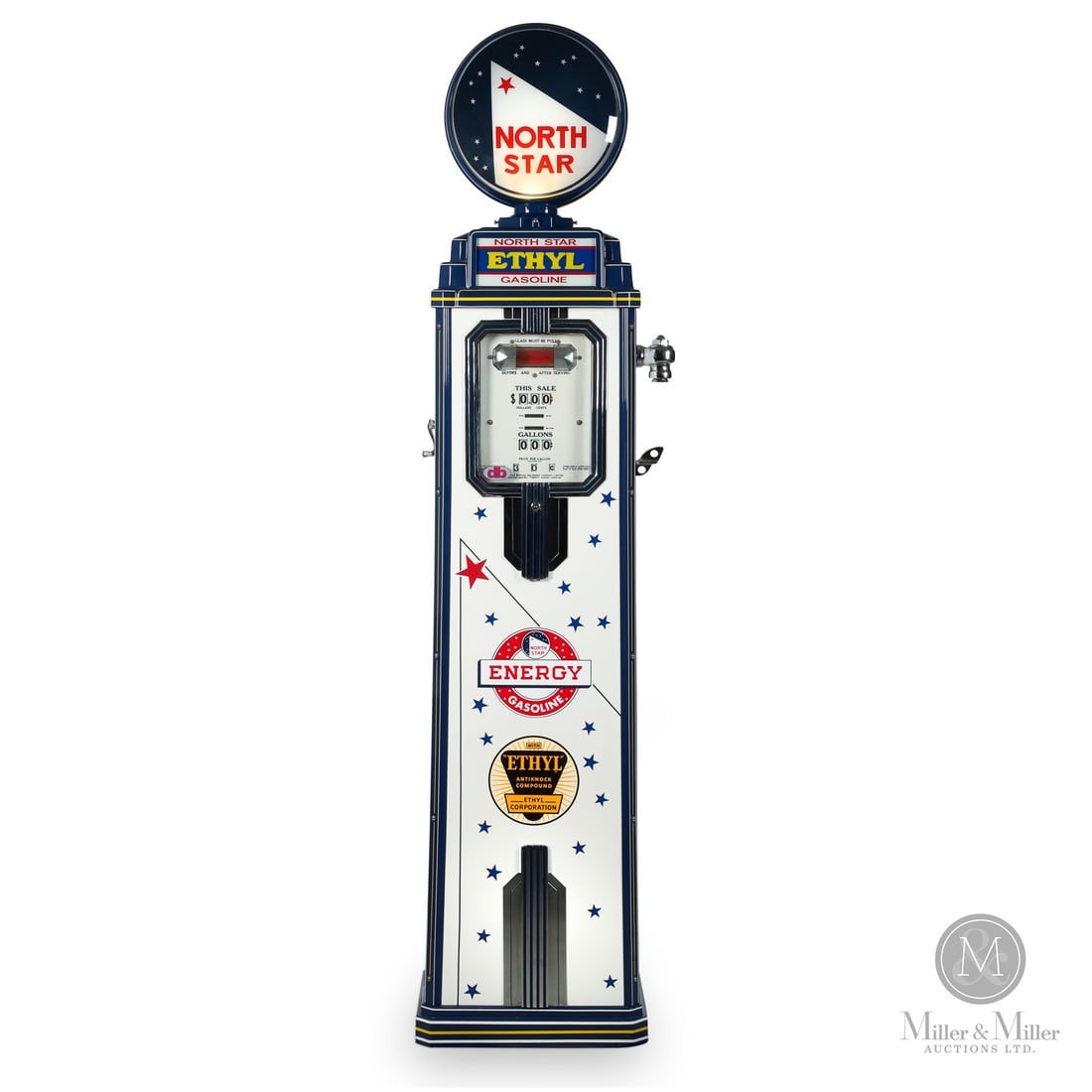 Service Station Equipment Co. Bennett Model 146 Gas Pump In North Star Gasoline: Made in Canada. 1935. Bennett 146. Lower edge of indicator plate. 90" x 21" x 17.5". All items are guaranteed authentic by Miller & Miller Auctions. All purchases are eligible for free delivery to the