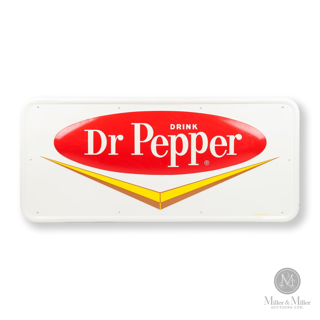 Dr. Pepper Chevron Sign: Made in U.S.A. 1975. Single-sided tin (SST). Embossed. Featuring the "Chevron" style logo. Marked, "MADE IN U.S.A. G-75" lower right 17.75" x 39.75". Authenticated by The Authentication Company (TAC #