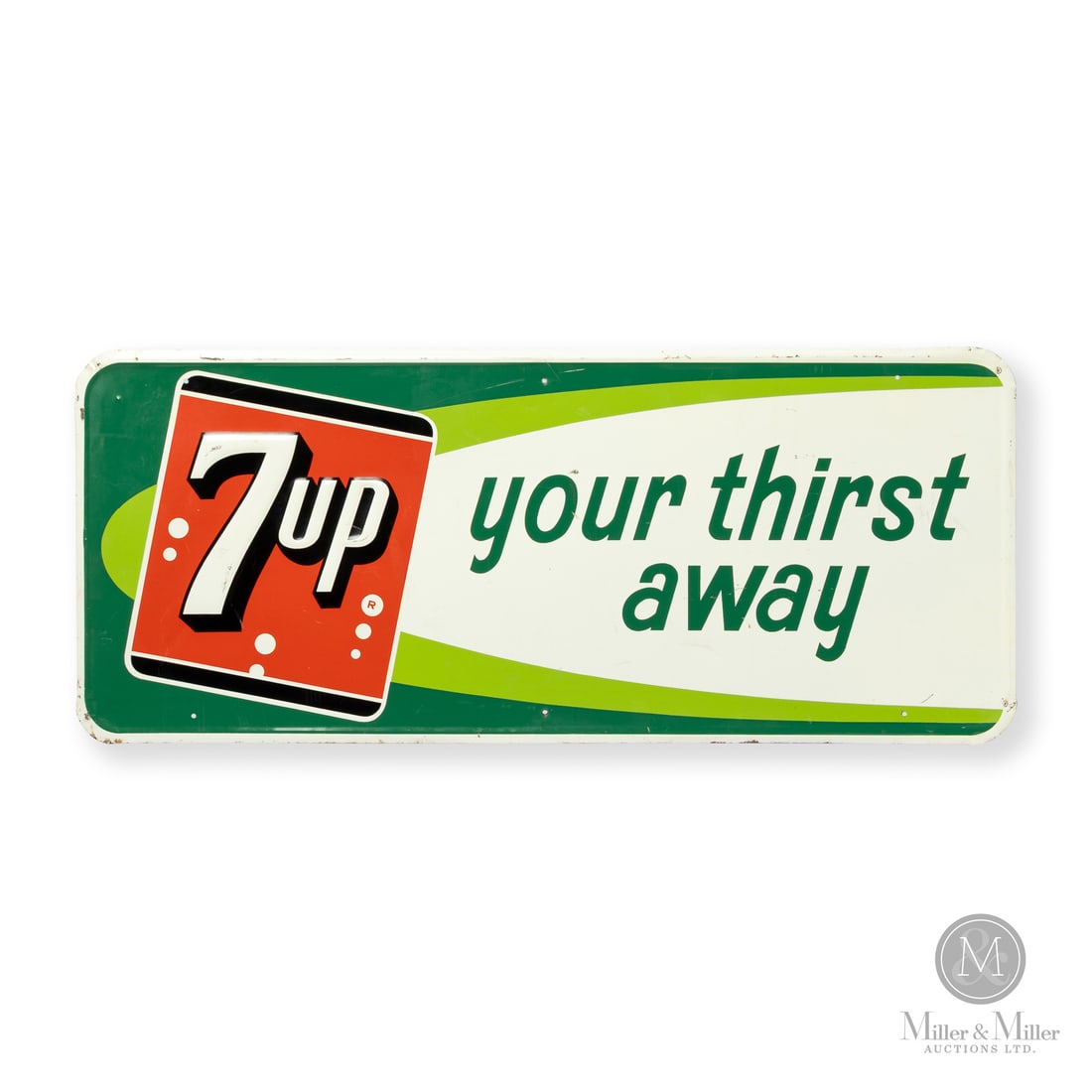 Seven-up Your Thirst Away Door Kick Sign: Made in Canada. 1964. Single-sided tin (SST). Embossed. Part of a multi year advertising campaign from 1963 - 1964. Phased out in 1967 when "The Uncola" marketing campaign launched. Marked, "MADE IN C