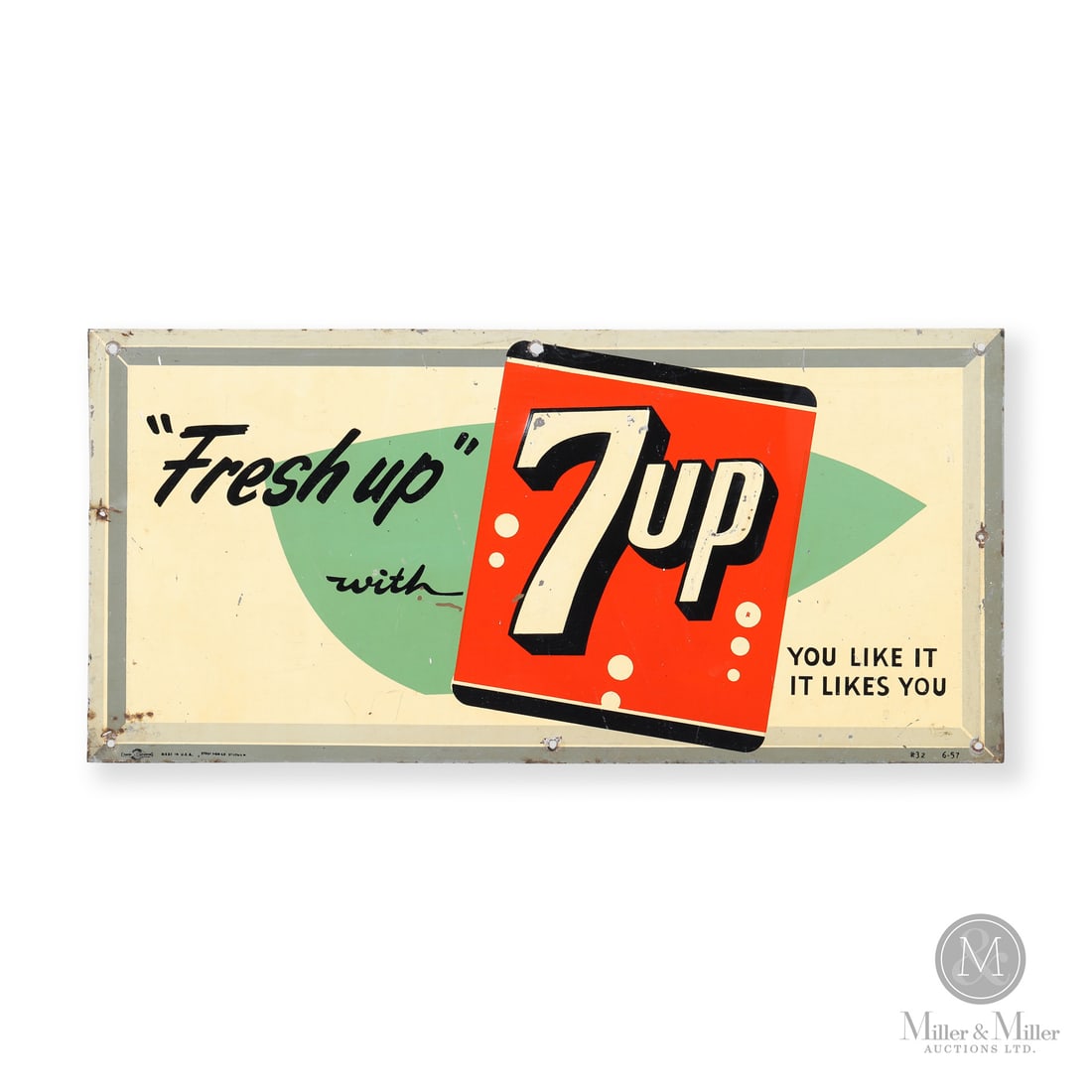 Seven-Up Fresh Up Sign: Made in U.S.A. 1957. Single-sided tin (SST). Embossed. Marked, "MADE IN U.S.A. STOUT SIGN CO. ST. LOUIS M" lower left edge and "#32 6-57" lower right edge. 11" x 23.25". Authenticated by The Authentic