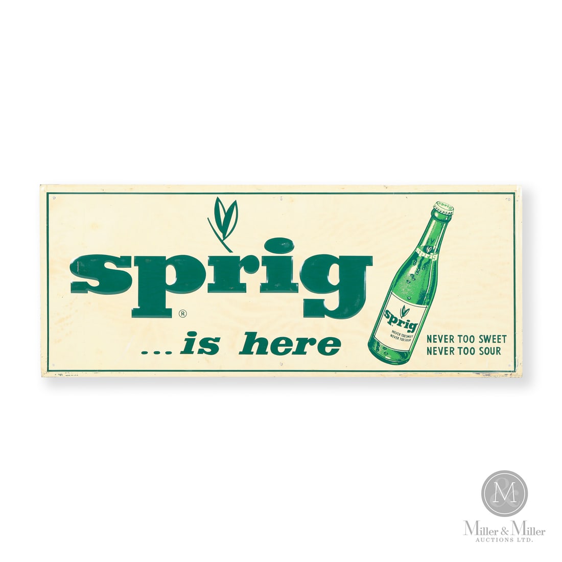 Sprig Soda Door Kick Sign: Made in U.S.A. 1951 - 1960. Single-sided tin (SST). Embossed. Sprig Beverages based out of Los Angeles, California. Marked, "STOUT SIGN CO. ST. LOUIS MO" lower right edge. 12" x 30". Authenticated by 
