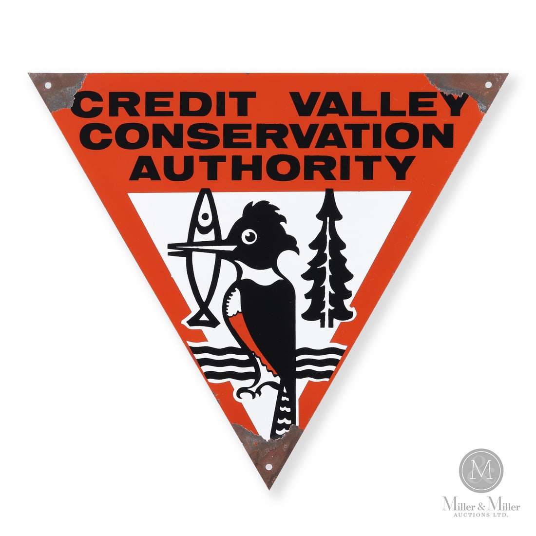 Credit Valley Conservation Authority sign: Made in Canada. 1955 - 1960. Single-sided porcelain (SSP). Die-cut. The Credit Valley Conservation Authority was established in May 1954 to protect and manage the waters and lands of the Credit River 