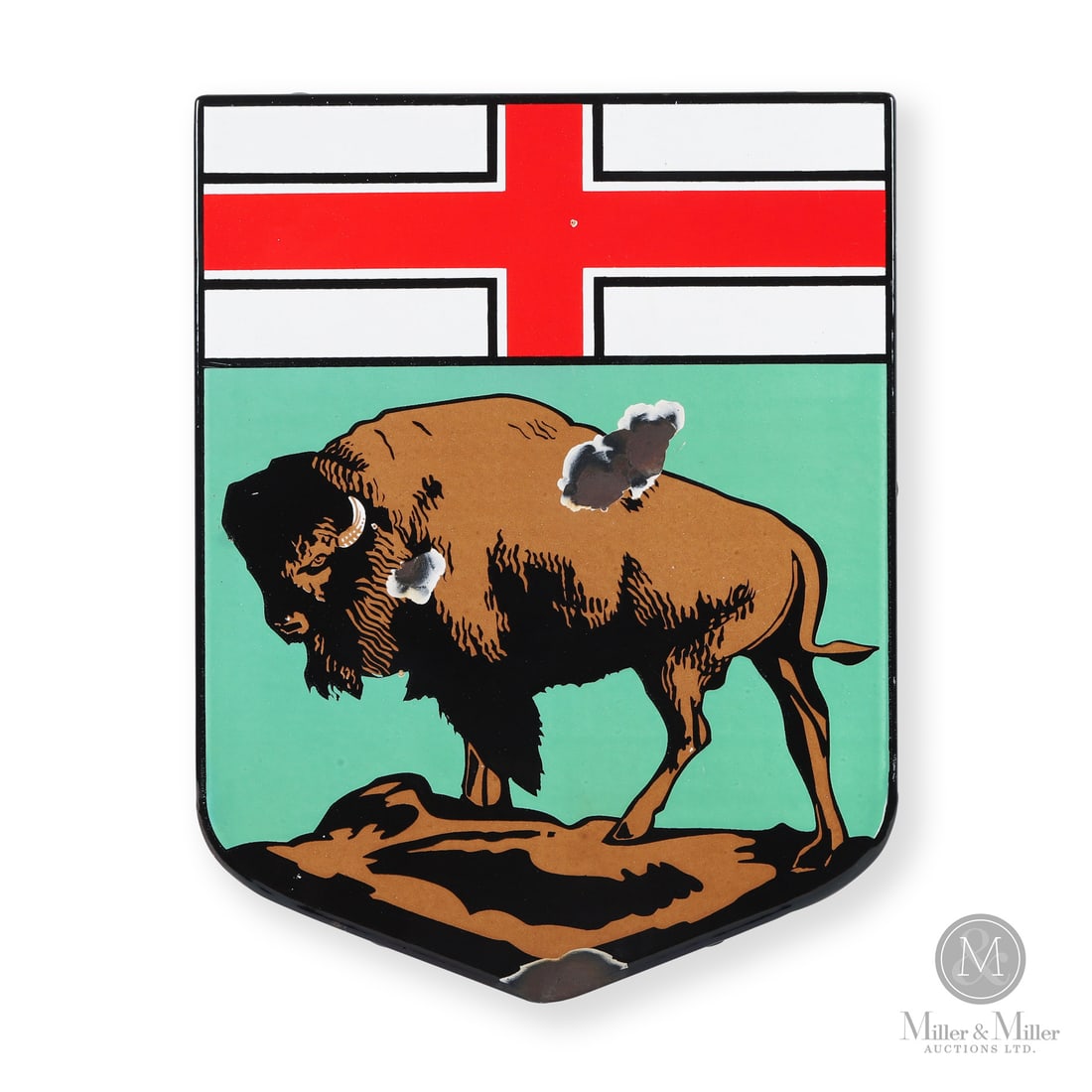 Manitoba Crest Buffalo School Sign: Made in Canada. 1948 - 1959. Single-sided porcelain (SSP). Die-cut. Return edge. Distributed to schools across Manitoba to hang as part of the post WWII patriotic classrooms initiative. Unmarked. 16" 