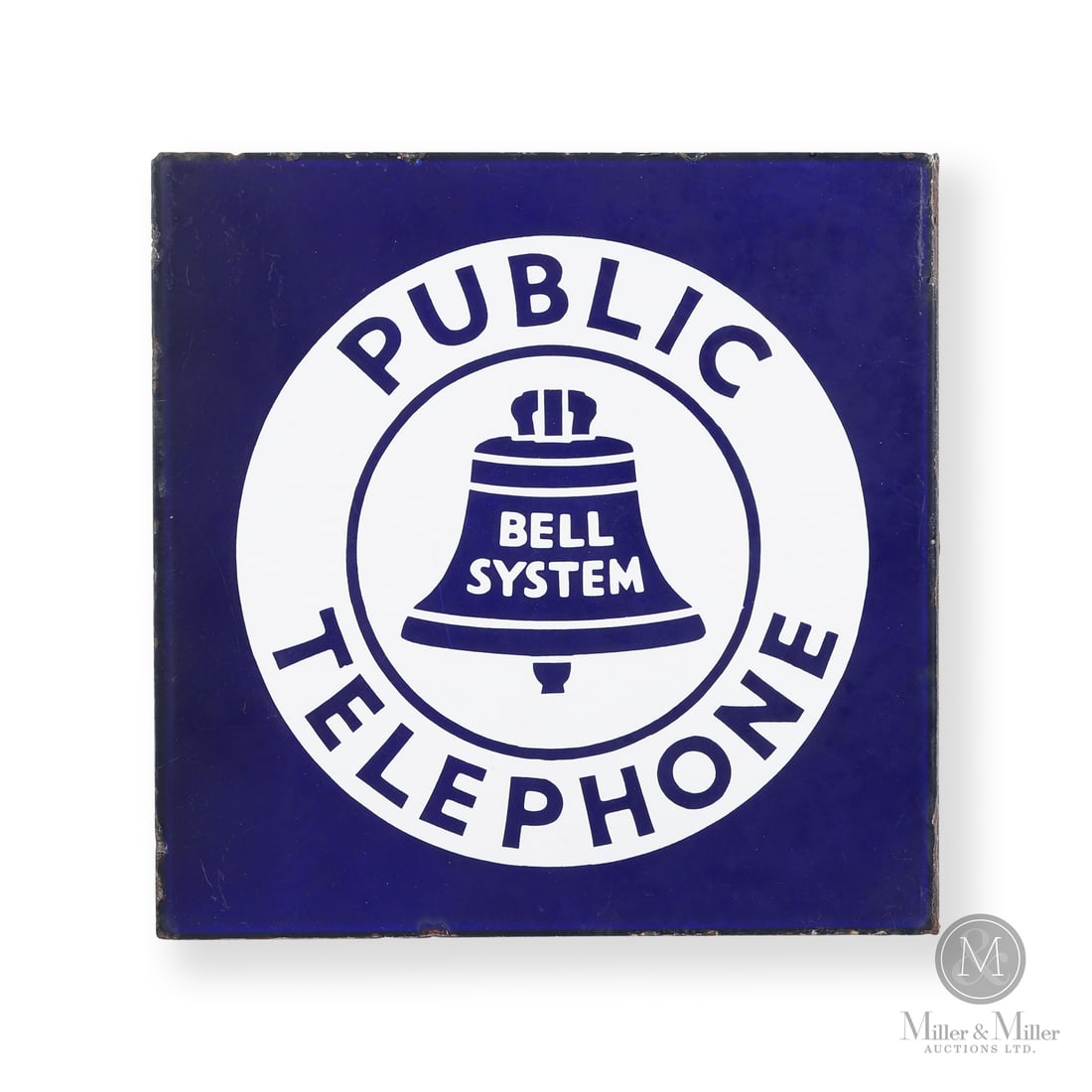 Bell System Public Telephone Flange Sign: Made in U.S.A. 1951 - 1961. Double-sided porcelain (DSP). The scarcer 11" version of the Bell Telephone Flange. Unmarked. 11" x 11" x 1.5". Authenticated by The Authentication Company (TAC #501755). A