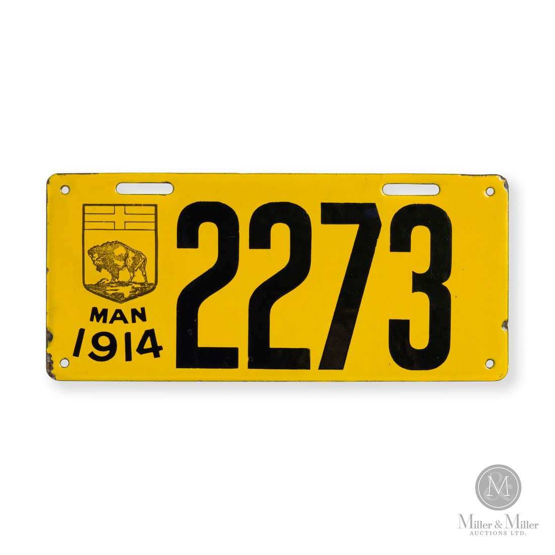 1914 Manitoba Dealer License Plate #2273.: Made in Canada. 1914. Single-sided porcelain (SSP). Unique bison logo. No registration info. Numbers 2000 - 2399 were issued to car dealers. Unmarked. 4.5" x 10". Authenticated by The Authentication C